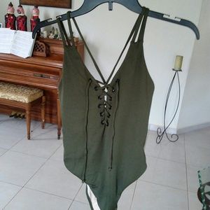 LA Hearts Ribbed Lace-Up One Piece Swimsuit